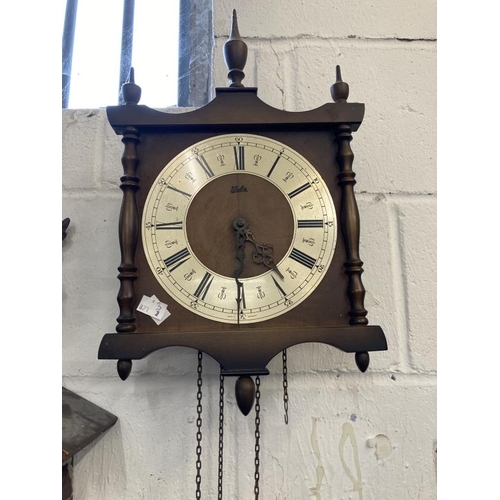 130 - Clocks: Group of three to include 20th cent. German oak cased mantel clock surmounted by turned fini... 