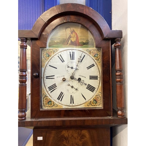 134 - Clocks: 19th cent. Mahogany grandfather clock with arched top painted face, D. Cairns Morpeth, eight... 