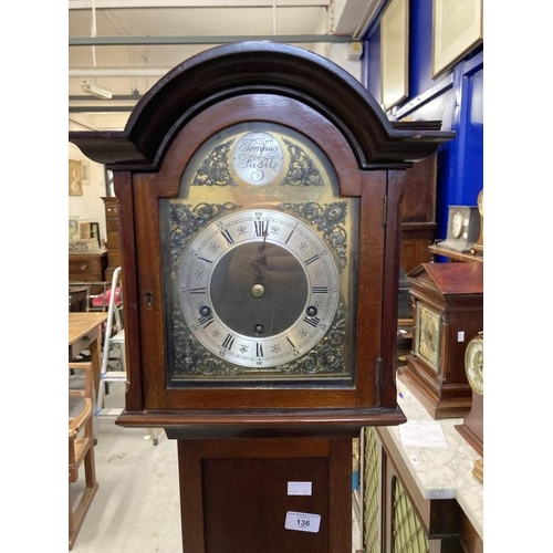 136 - Clocks: 20th cent. Mahogany cased Tempus Fugit grandmother clock, arched top, German movement. 65ins... 