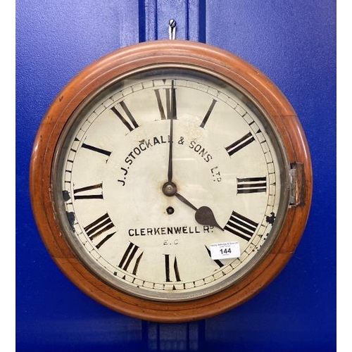 144 - Clocks: 19th cent. Wall clock, cream painted dial J.J. Stockall & Sons Ltd, Clerkenwell Rd, in a mah... 