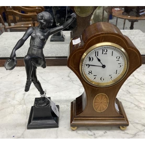 146 - Clocks: Edwardian mahogany inlaid balloon mantel clock 9½ins. x 5½ins. Plus a Spelter figure of a da... 