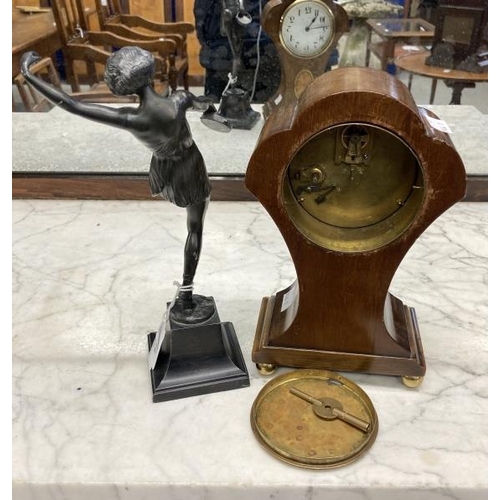 146 - Clocks: Edwardian mahogany inlaid balloon mantel clock 9½ins. x 5½ins. Plus a Spelter figure of a da... 