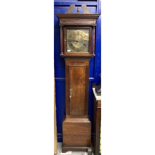 149 - Clocks: Late 18th cent. Oak cased long case clock, pediment top inlaid case on bracket feet, brass s... 