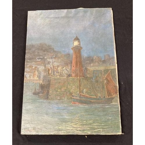 164 - 20th cent. Maritime Paintings & Prints: Oil on canvas of a harbour lighthouse, signed indistinctly l... 