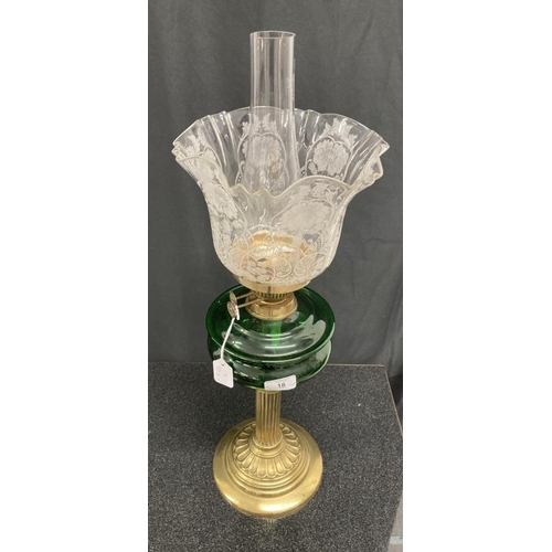 18 - Victorian brass oil lamp with reeded column, green glass font, etched glass shade and Duplex burner.