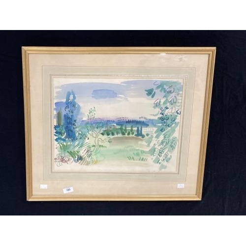 185 - Raul Dufy (After): Pastiche watercolour landscape with church, framed and glazed. 13ins. x 19ins.