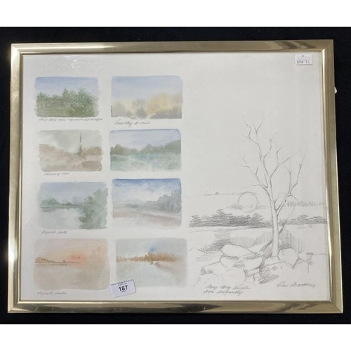 187 - Robin Armstrong 1947 watercolour and pencil eight views of lakes and a pencil sketch, signed in penc... 