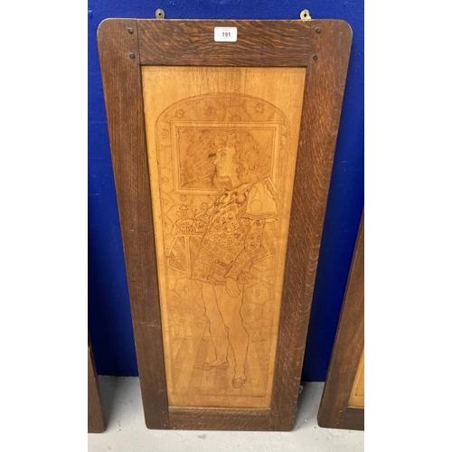 191 - Arts & Crafts: Early 20th cent. Pyrography pokerwork panels in oak frames each panel depicting a Sha... 