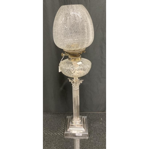 20 - Lighting: Silver plated Corinthian column oil lamp, square stepped base, reeded column, glass reserv... 