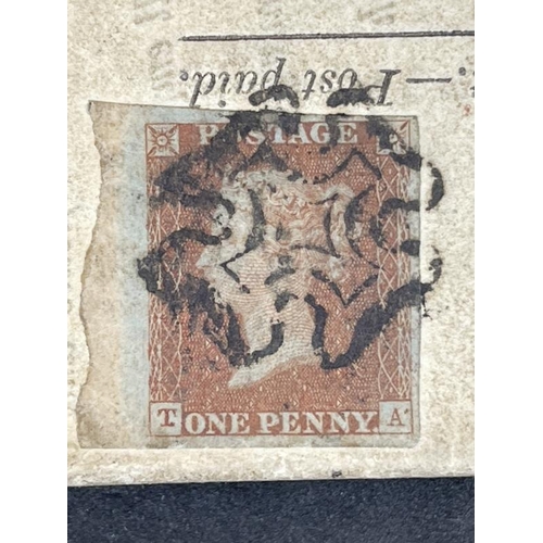 222 - Stamps: GB 1841, SG7 1d red-brown, TA, which we believe is plate 11, used on full letter obliterated... 