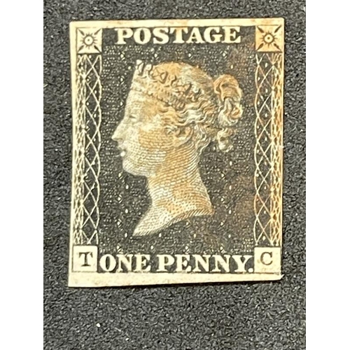 224 - Stamps: GB 1840 SG2 1d black (TC) believed to be plate 5, three good margins RH thinned, WM 2 oblite... 