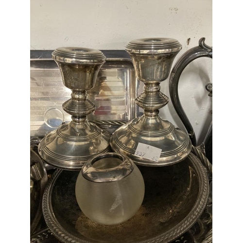 23 - Silver Plate: A collection to include pair of hallmarked silver candlesticks, hip flask, jug, fish e... 