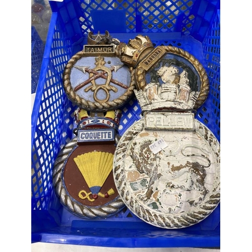 240 - Maritime: Naval ships cast metal crests, Apollo, Barrosa, Alert, Coquette, etc. (12)