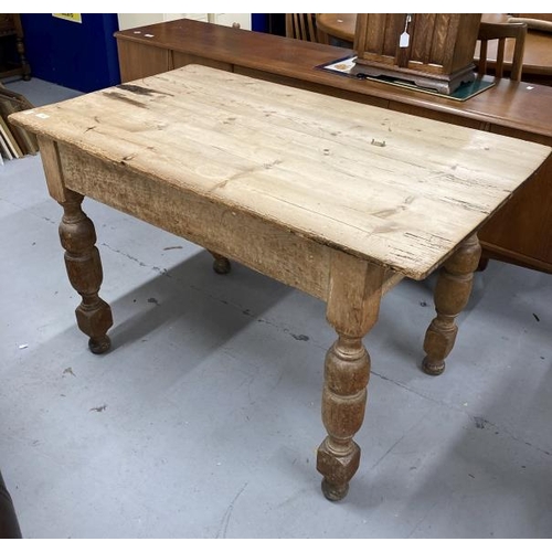 34 - 19th cent. Pine scrub top table, single drawer to one end on baluster turned legs. 48ins. x 28¼ins. ... 