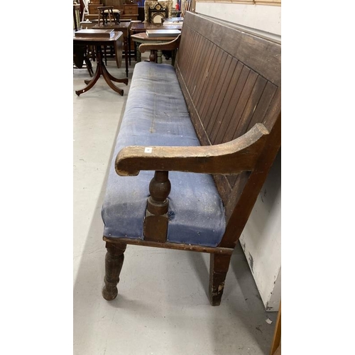 54 - Late 19th cent. Pine bench tongue and groove back, scroll arms, upholstered seat on three turned leg... 