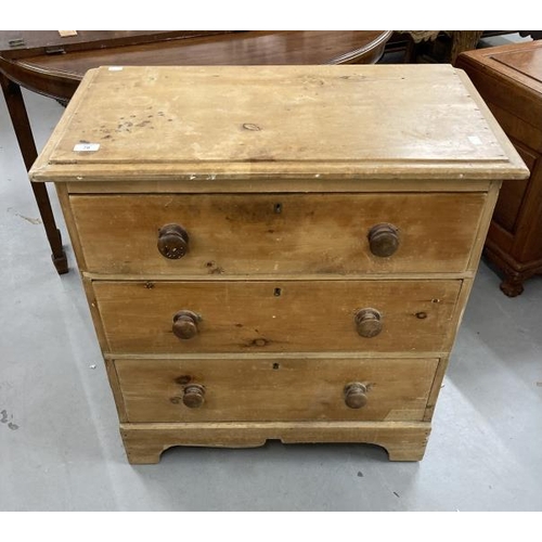 78 - 19th cent. Pine chest of three drawers, moulded top, knob handles, bracket feet. 30ins. x 17ins. x 3... 