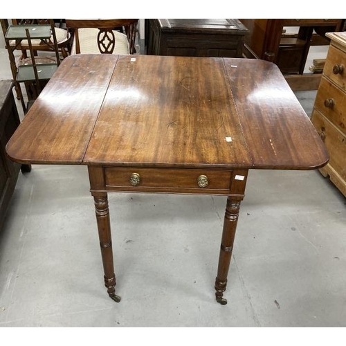 81 - 19th cent. Mahogany Pembroke table, single drawer on turned legs. 36ins. x 20½ins. x 28½ins. 39ins. ... 