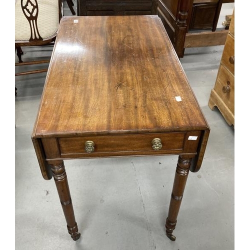 81 - 19th cent. Mahogany Pembroke table, single drawer on turned legs. 36ins. x 20½ins. x 28½ins. 39ins. ... 