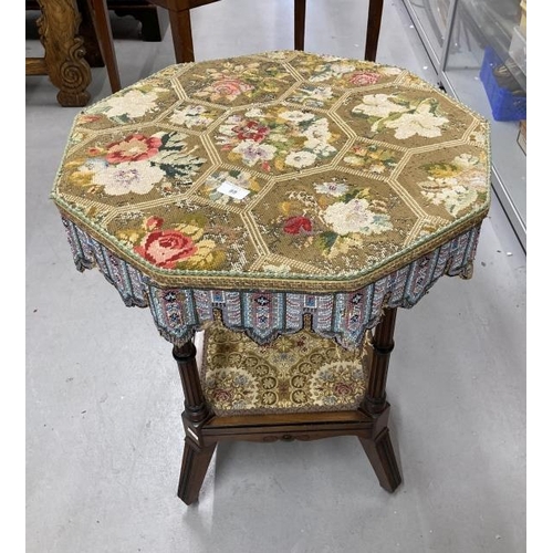 88 - Late 19th cent. Walnut & ebonised Gypsy table. The embroidered top with nine sides on turned & flute... 