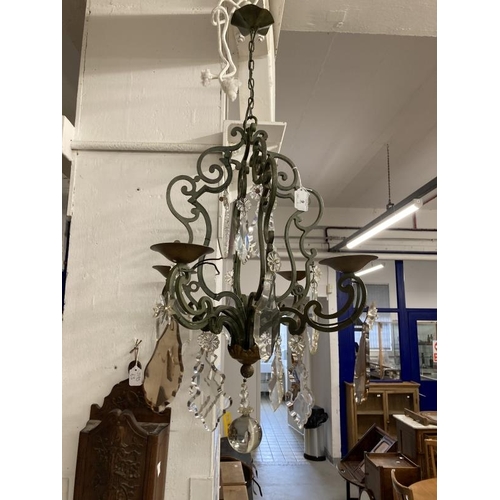 9 - Lighting: Vintage metal and cut glass chandelier, four lights. 24ins. Drop. Plus a pair of metal and... 