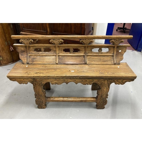 90 - Chinese elm bench with weathered finish, shaped panelled back solid seat on shaped cut out legs with... 