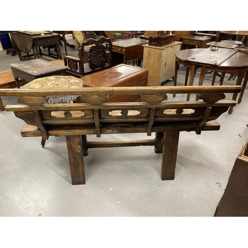 90 - Chinese elm bench with weathered finish, shaped panelled back solid seat on shaped cut out legs with... 