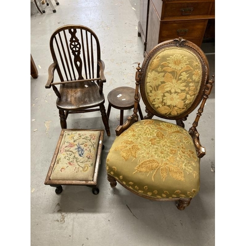 98 - Victorian nursing chair, oval back with turned columns upholstered back and seat on turned legs and ... 