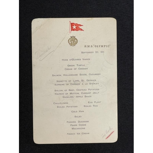 210 - R.M.S. OLYMPIC: Extremely rare signed First-Class dinner menu for Titanic's sister Olympic dated Sep... 