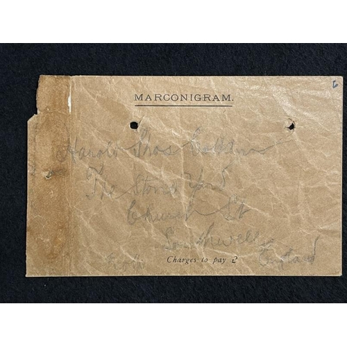 245 - R.M.S. TITANIC. THE HAROLD COTTOM COLLECTION: A red Marconi gram envelope which Harold has written h... 