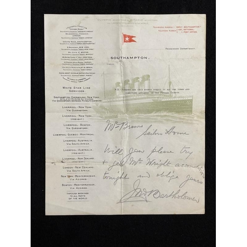 253 - R.M.S. TITANIC: Extremely rare hand written letter by John Bartholomew, White Star Line's Victuallin... 