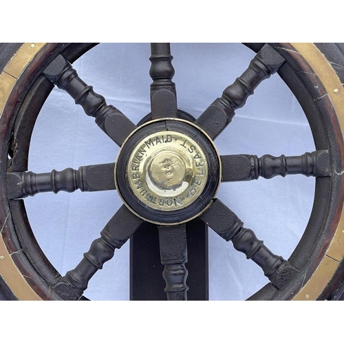 3 - MARITIME: A good 19th century brass and hard wood ships wheel with the legend 'NORTHUMBRIAN MAID. BE... 