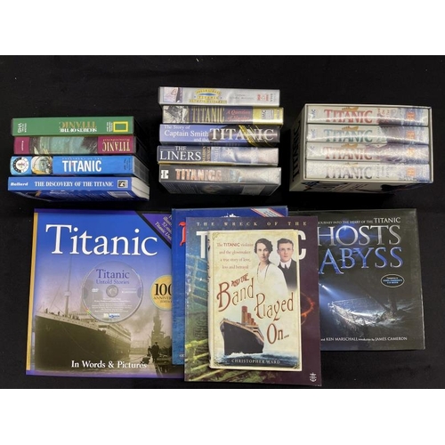 33 - R.M.S. TITANIC: Mixed collection of related DVDs and books.