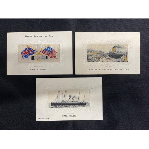 52 - OCEAN LINER: Collection of seven silk postcards including R.M.S. Campania and S.S. Celtic. (7)