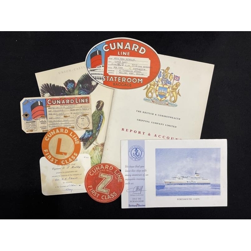 53 - SHIPPING: Mixed collection of liner ephemera including Cunard baggage labels for Queen Mary, Canadia... 