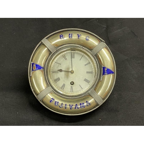 63 - MARITIME: A rare white metal mantel clock, 'RNYC FUJIYAMA' in blue enamel and two burgees belonging ... 