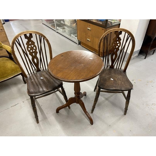 92 - 20th cent. Wheel back chairs, a pair, and a mahogany tripod table, approx. 20ins. x 28ins. 20th cent... 