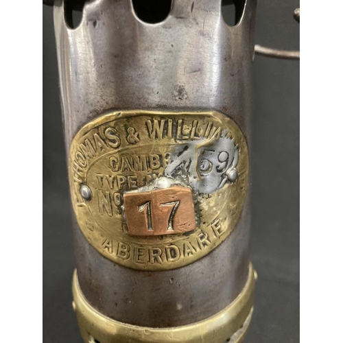 184 - Miners Safety Lamps: Late 19th cent. Evan Thomas & Williams, Aberdare, clock No. 17, also stamped 59... 