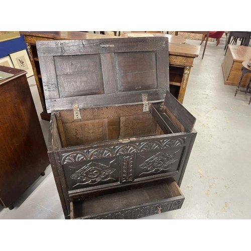 101 - 18th cent. Mule chest of modest proportions with later alterations. 20ins. x 39ins. x 30ins.