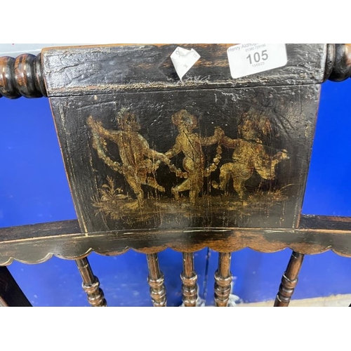 105 - 19th cent. Ebonised armchair, the back with a painted panel of dancing figures, turned spindles belo... 