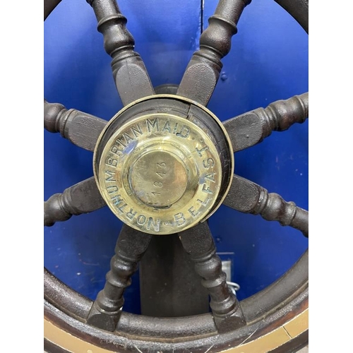 109 - Maritime: A good 19th century brass and hard wood ships wheel with the legend 'NORTHUMBRIAN MAID. BE... 