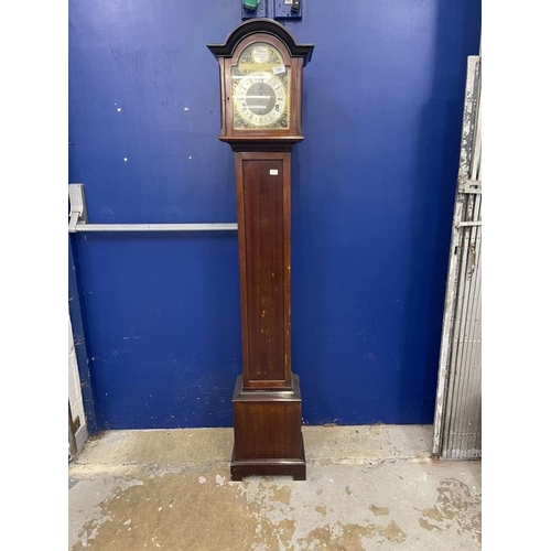 120 - Clocks: 20th cent. Mahogany cased Tempus Fugit short case clock, arched top, German movement. 65ins.... 