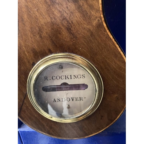 122 - 19th cent. Mahogany barometer with ebony stringing, made by R. Cockings, Andover. Approx. 38ins long... 