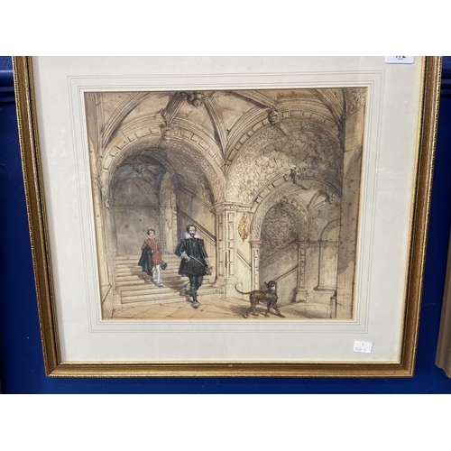 172 - Joseph Nash OWS (1809-1878): Watercolour of two Elizabethans and their dog. 15ins. x 13ins.