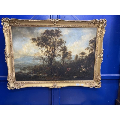 177 - 19th cent. Oil on canvas, hunting scene, in a gilt shell and scroll frame, canvas relined by Harris ... 