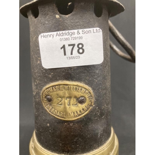 178 - Miners Safety Lamps: 19th cent. Evan Thomas & Williams, Aberdare safety lamp No. 272 from Caerbryn C... 