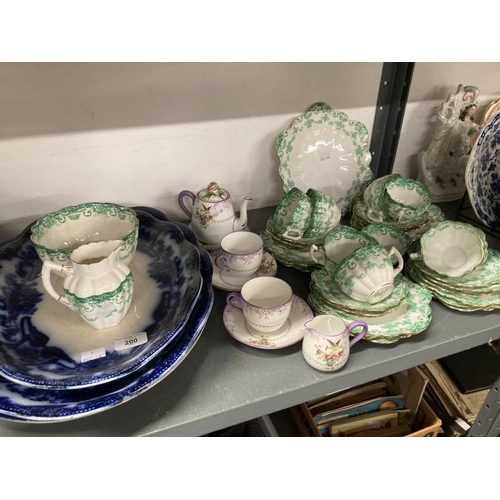 200 - Ceramics: Bristol Flow Blue meat plates x 2, and two others, Paragon part tea service, Crown Staffor... 