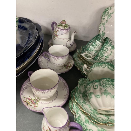 200 - Ceramics: Bristol Flow Blue meat plates x 2, and two others, Paragon part tea service, Crown Staffor... 