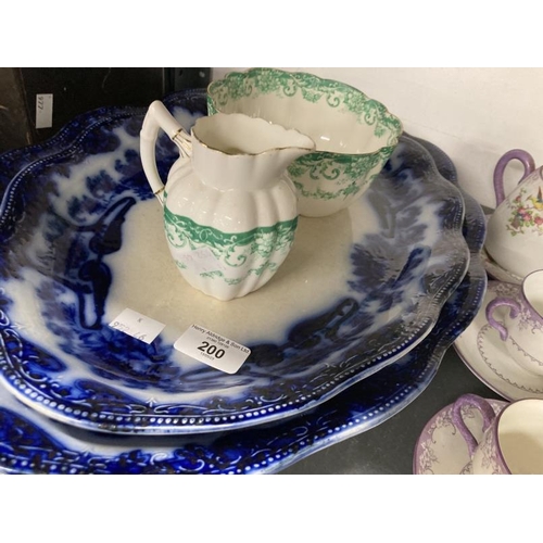 200 - Ceramics: Bristol Flow Blue meat plates x 2, and two others, Paragon part tea service, Crown Staffor... 