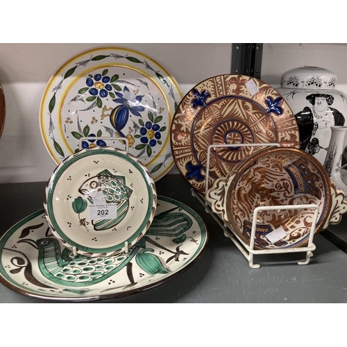 202 - 20th cent. Spanish Ceramics: Manises lustre charger 9ins, bird decorated plate 11½ins, green fish ch... 