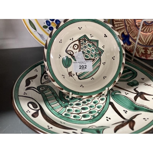 202 - 20th cent. Spanish Ceramics: Manises lustre charger 9ins, bird decorated plate 11½ins, green fish ch... 